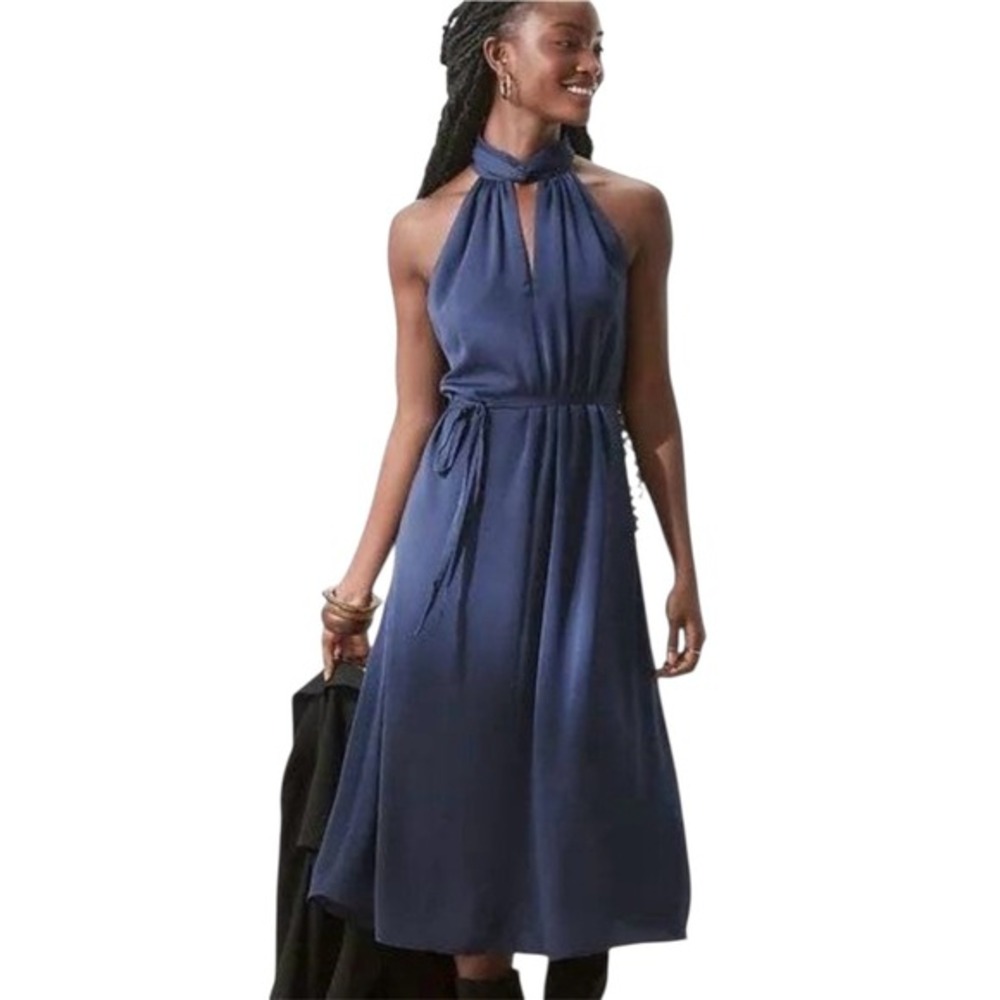 Banana Republic XXL Twist Neck Satin Midi Dress‎ Caspian Sea Blue  Party NEW